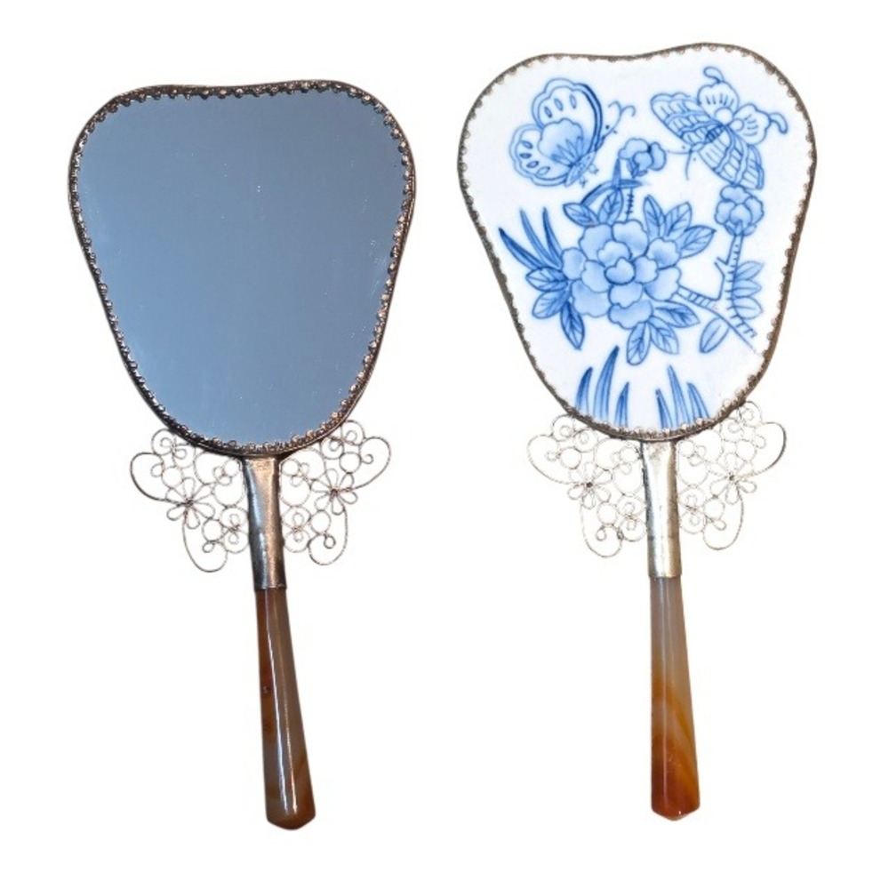 Vintage Chinese Hand Mirror Chinoiserie Porcelain Butterfly Vanity Decor Box‎
